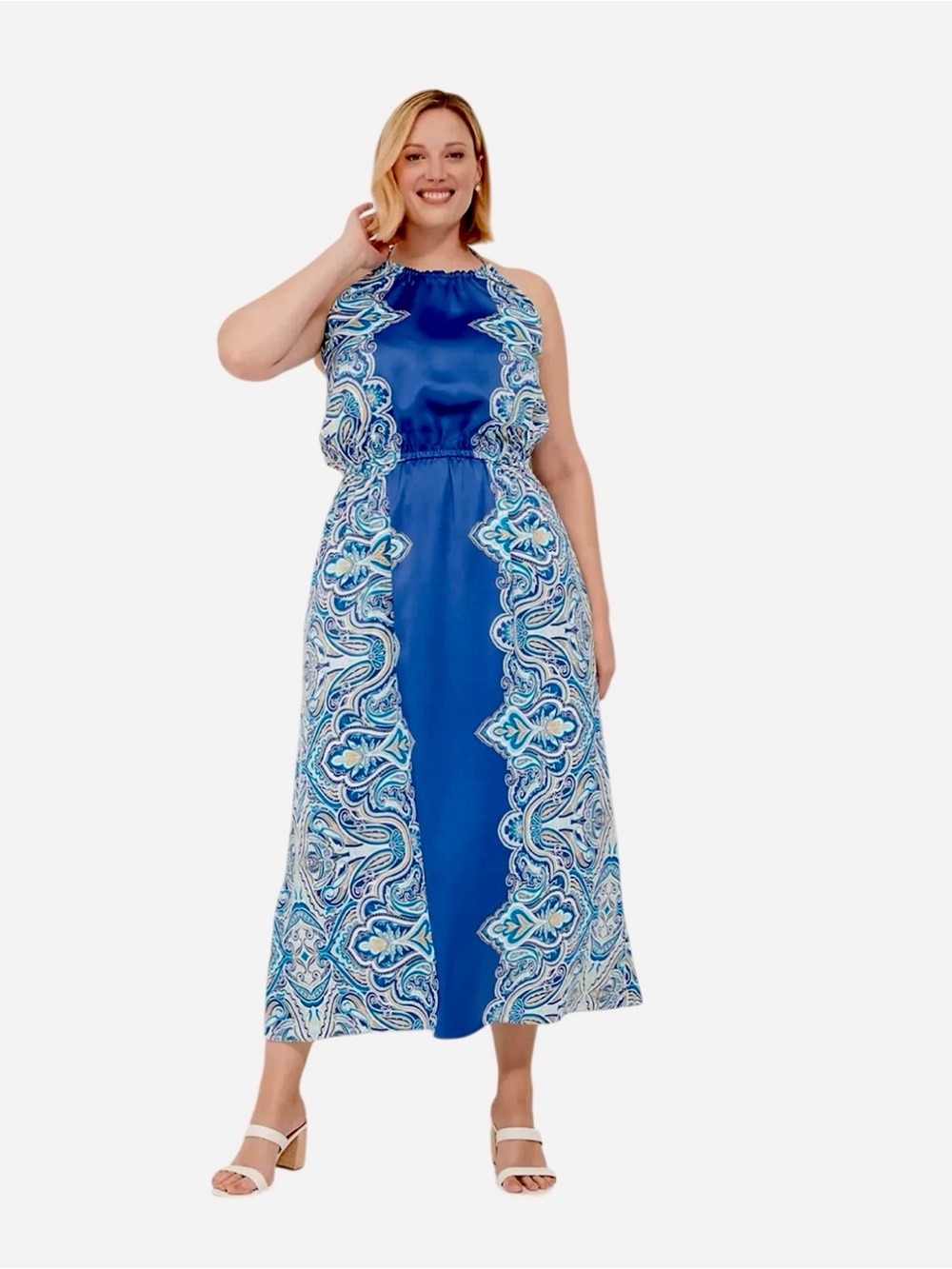 Lane Bryant Blue Paisley Satin Feel Halter Maxi Dress Size 14 - Picture 2 of 6